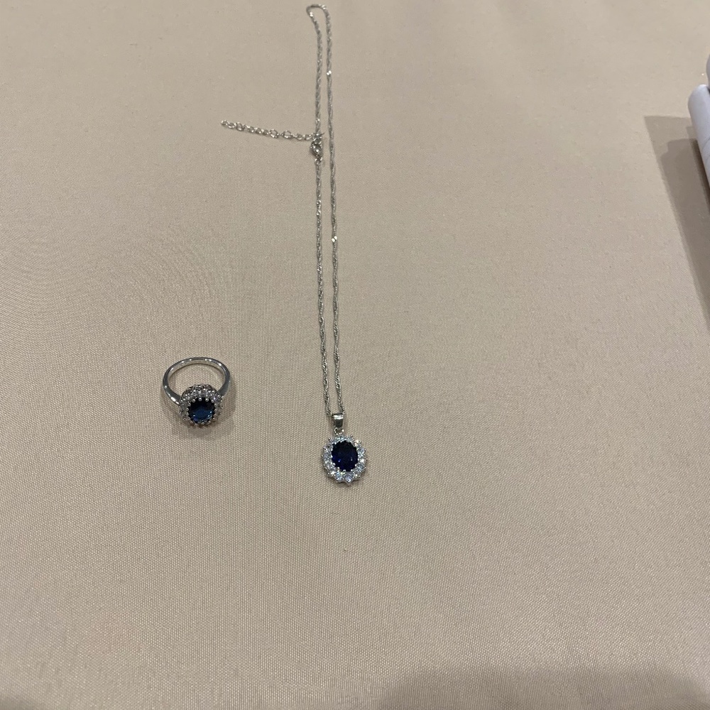Silvertone Faux Sapphire & Rhinestone Necklace (9 1/2”L W/ Matching Ring Size 7